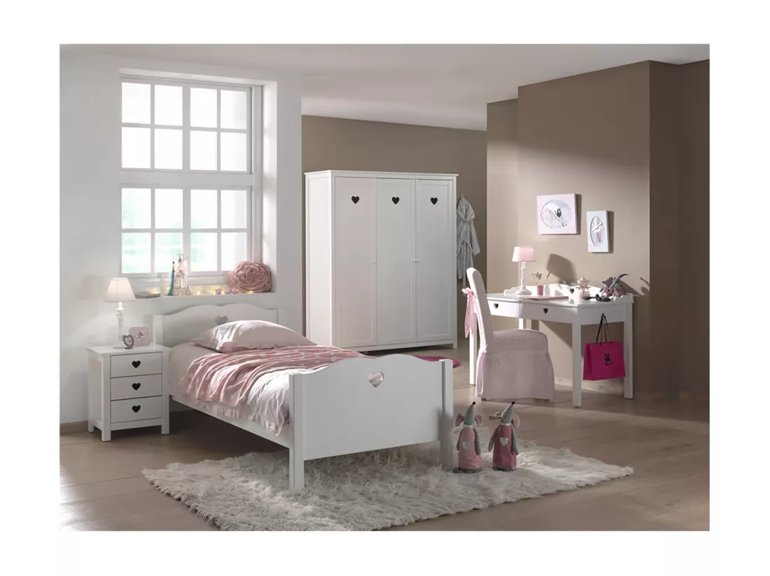 MILADY - Lit 90x200cm avec Sommier + Chevet + Armoire 3P + Bureau