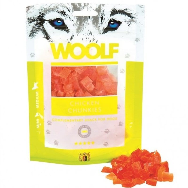 Woolf Chicken Chunkies 100g<br>Naturlig og proteinrik! Zip-lås pose