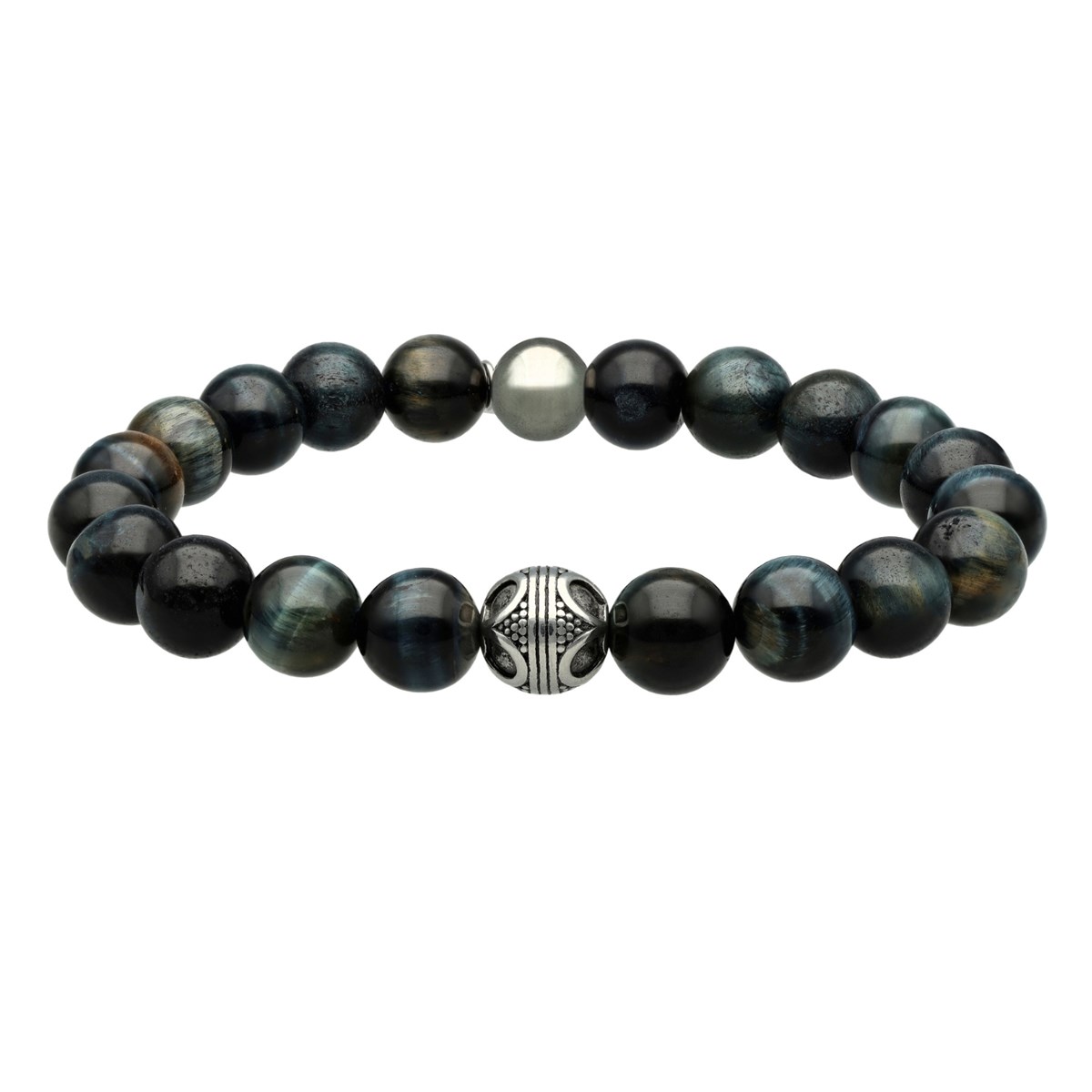 Bracelet Acier Pierres Naturelles Perles Rondes Oeil De Tigre Bleu Et Agate Noir-Large-20cm