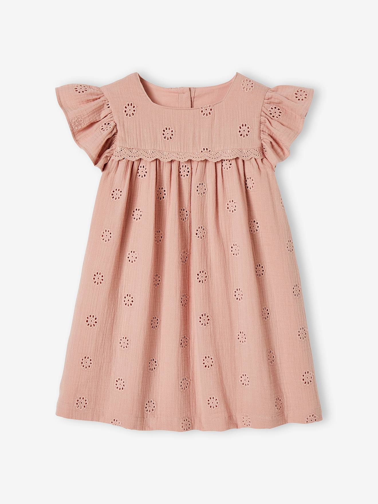 Vestido infantil em chiffon de algodão azul claro com bordado floral.