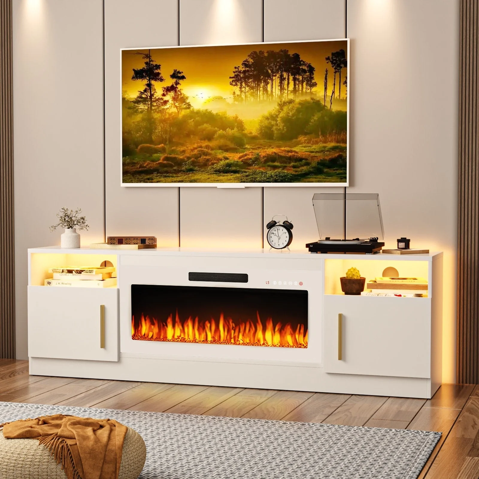 Bossin 70 Fireplace TV Stand with 36 Electric Fireplace, TV Stand for TVs Up to 80, 16 Colors LED Lights/Entertainment Center