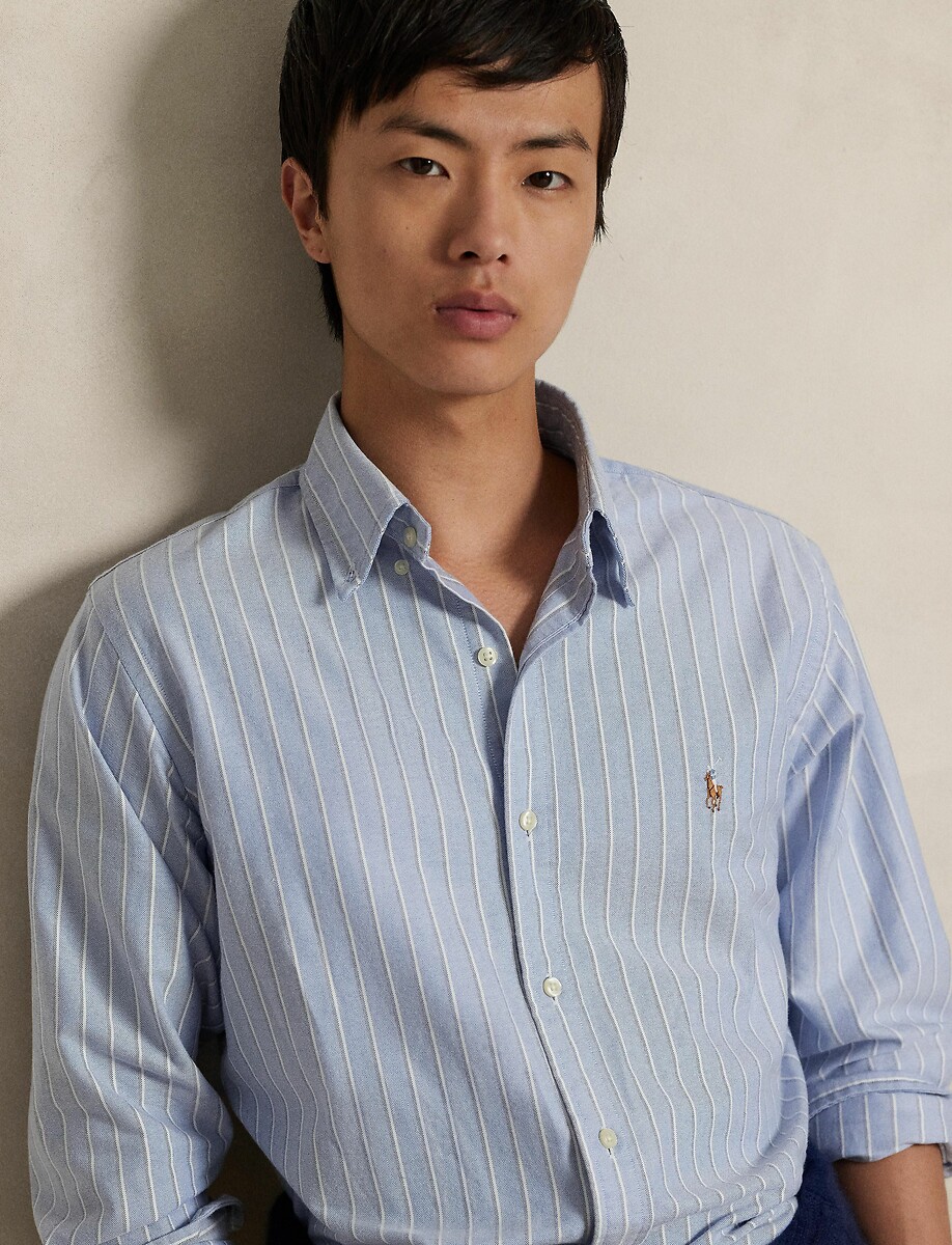 POLO RALPH LAUREN<br>Camisa reta listrada, Oxford, logotipo bordado