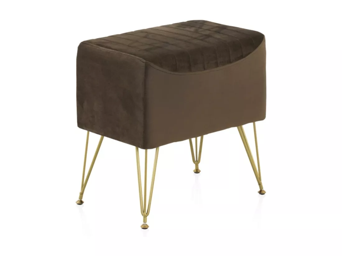Tabouret tapissé en tissu velours marron avec pieds dorés