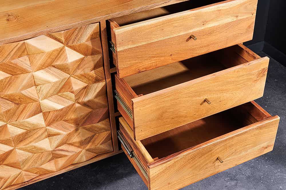 Massivholz Sideboard ALPINE 145cm Akazie honey finish Kommode mit Schubladen Retro Design