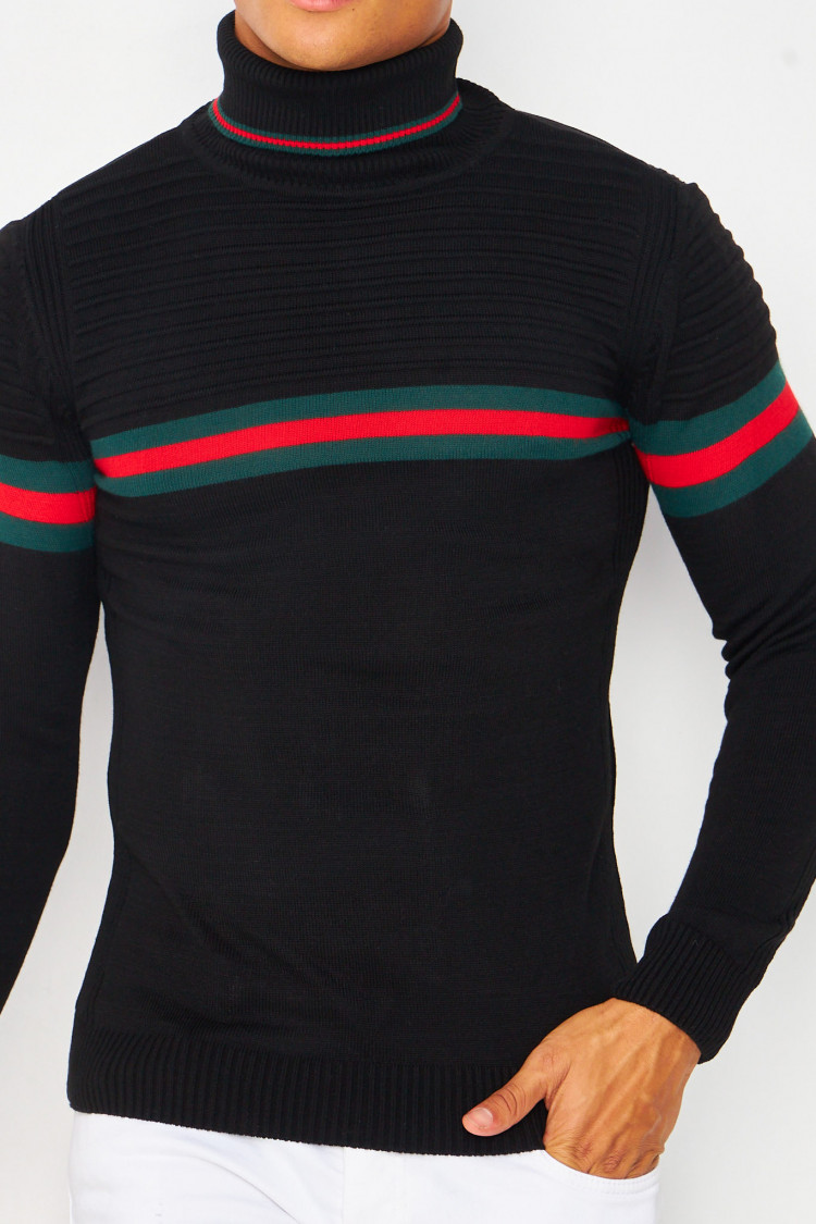 Pull noir col roulé à bande tricolore