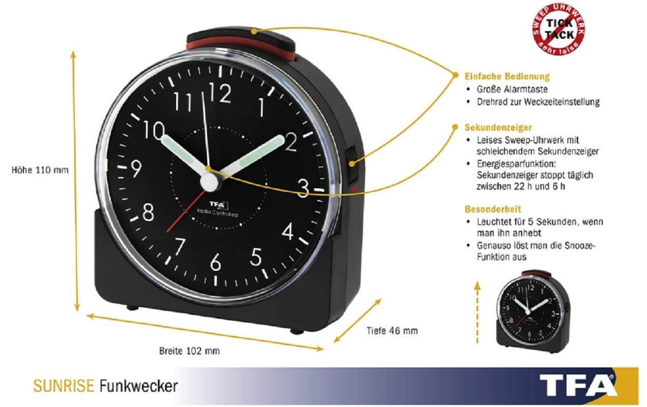 Funkwecker Sunrise SchwarzAnaloger Wecher mit ansteigendem Alarmton