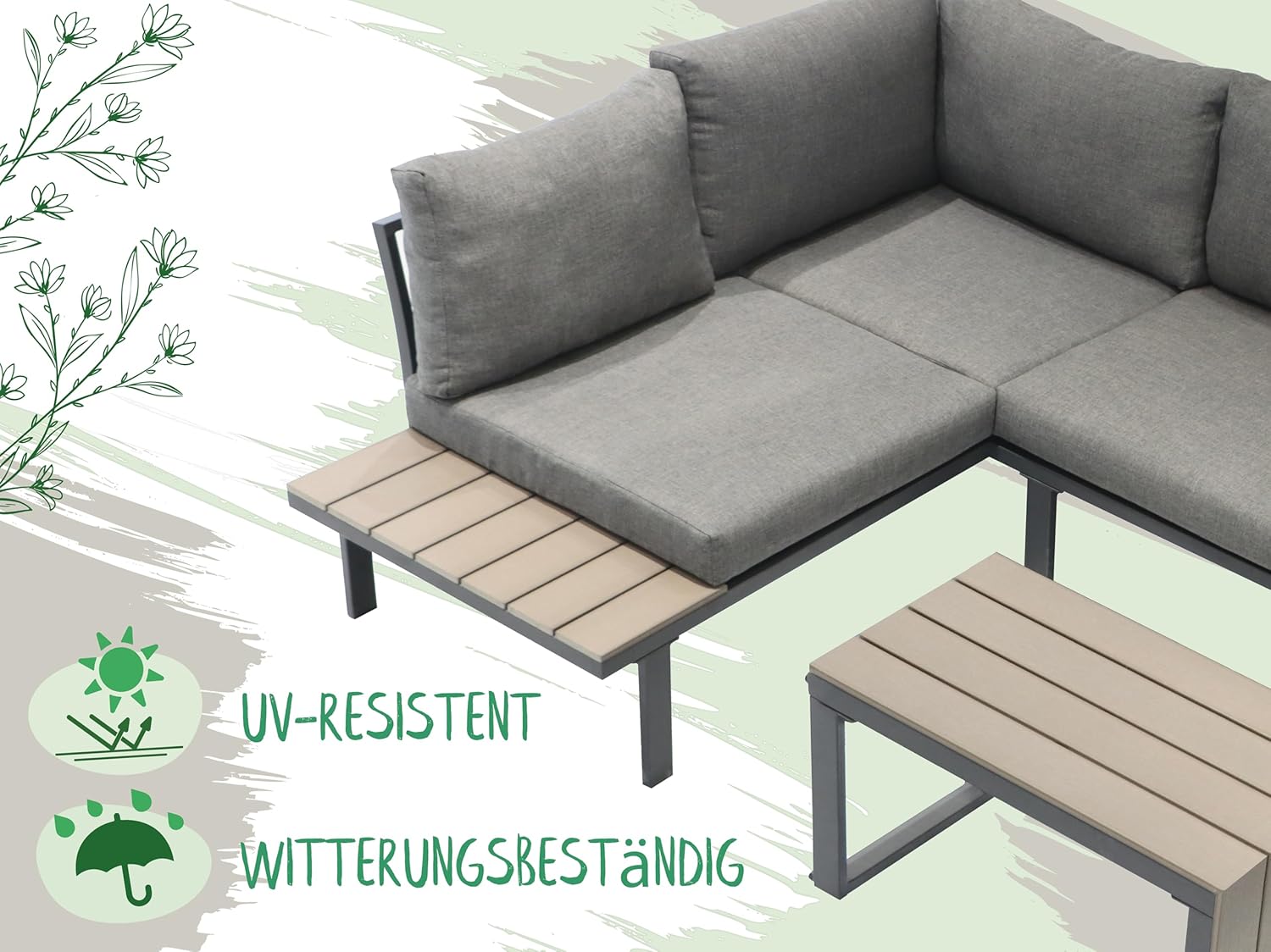 Koll Living Premium Lounge Set Calea – Modulares Gartenmöbel Set in Holzoptik – 3-TLG. Outdoor Sitzgruppe mit 2 Sofas, Tisch & Kissen – Wetterfest für Terrasse & Balkon - Exra Dicke Kissen