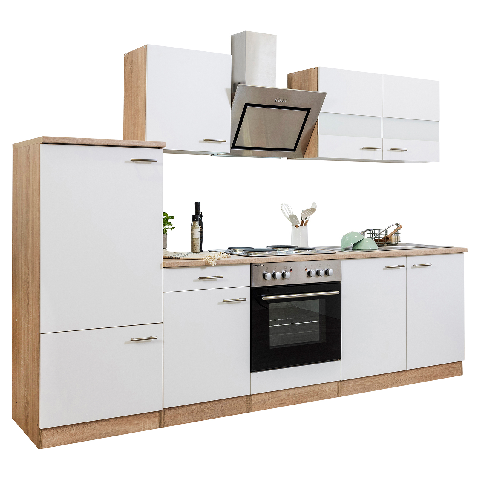 RESPEKTA Küchenzeile - weiß - Eiche sägerau - mit E-Geräten - 270 cm