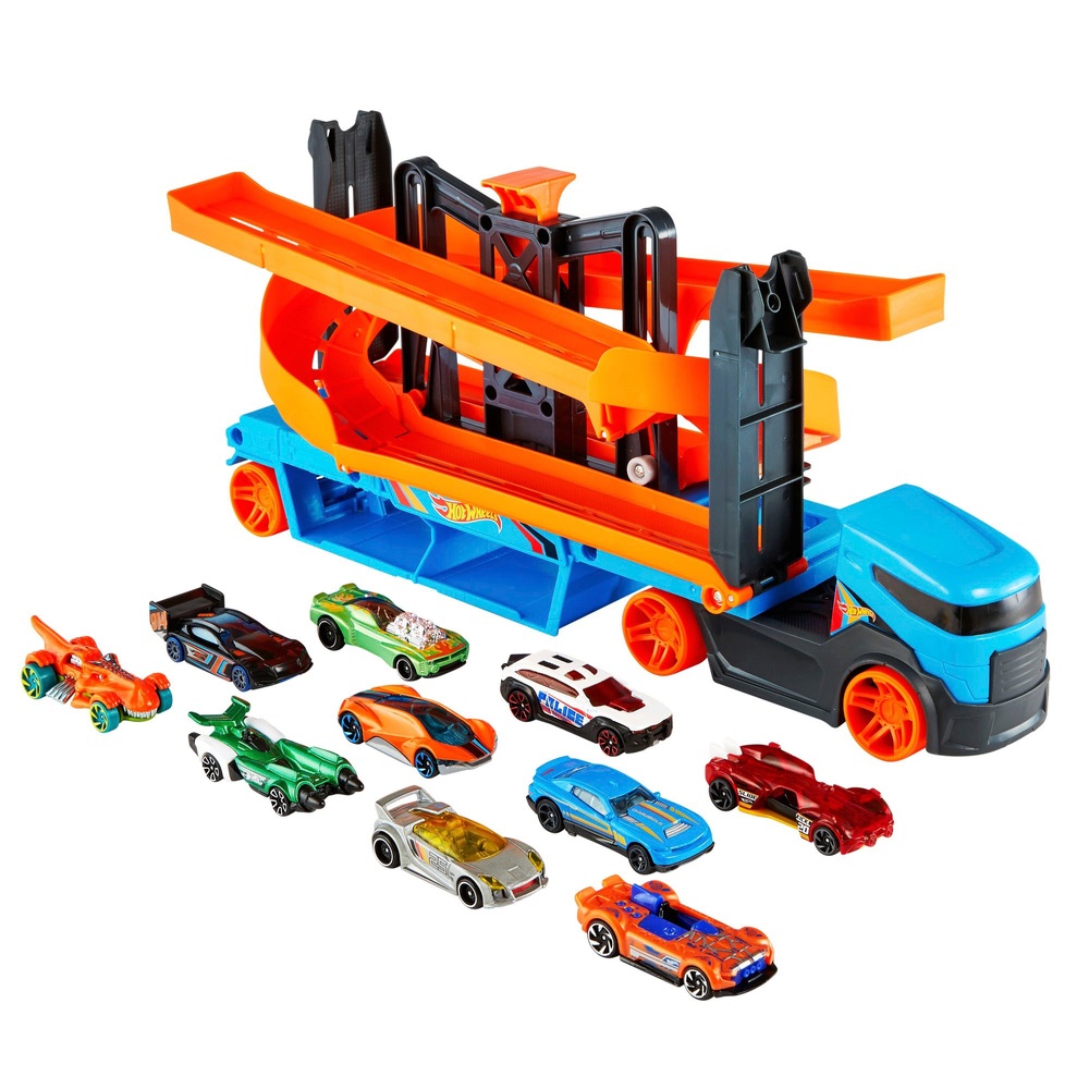 Hot Wheels Lift & Launch Hauler Spielset mit 10 Die-Cast-Fahrzeugen