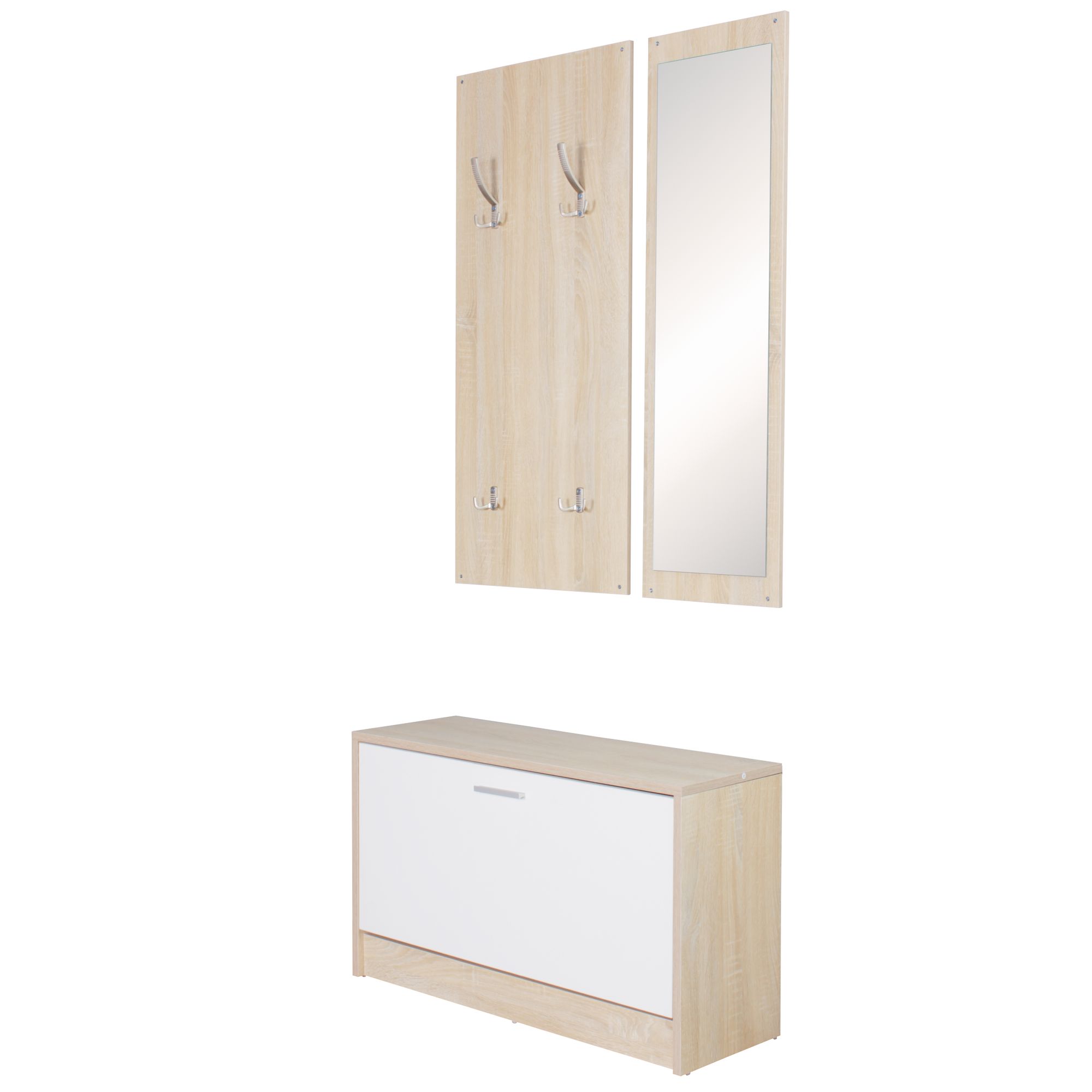 KADIMA DESIGN Wandgarderobe DELFT mit Spiegel: Weiß, Platz für 8 Paar Schuhe, 10 Metallhaken, Melaminharzbeschichtung
