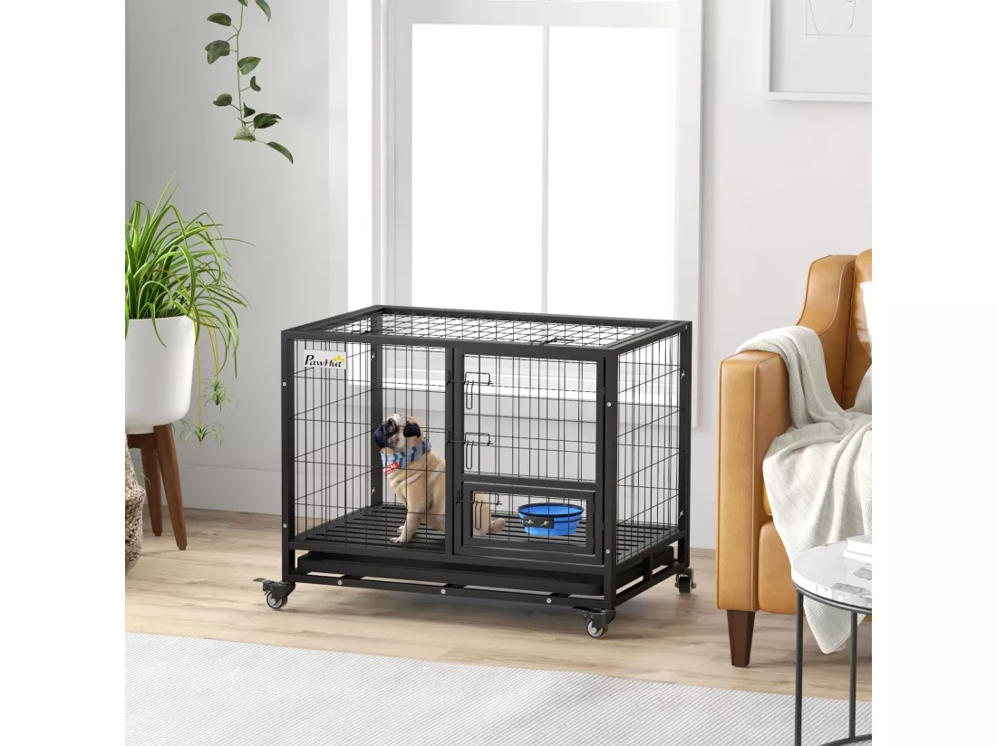 Cage pour chien sur roulettes 2 portes verrouillables - support gamelle, plateau amovible - acier noir