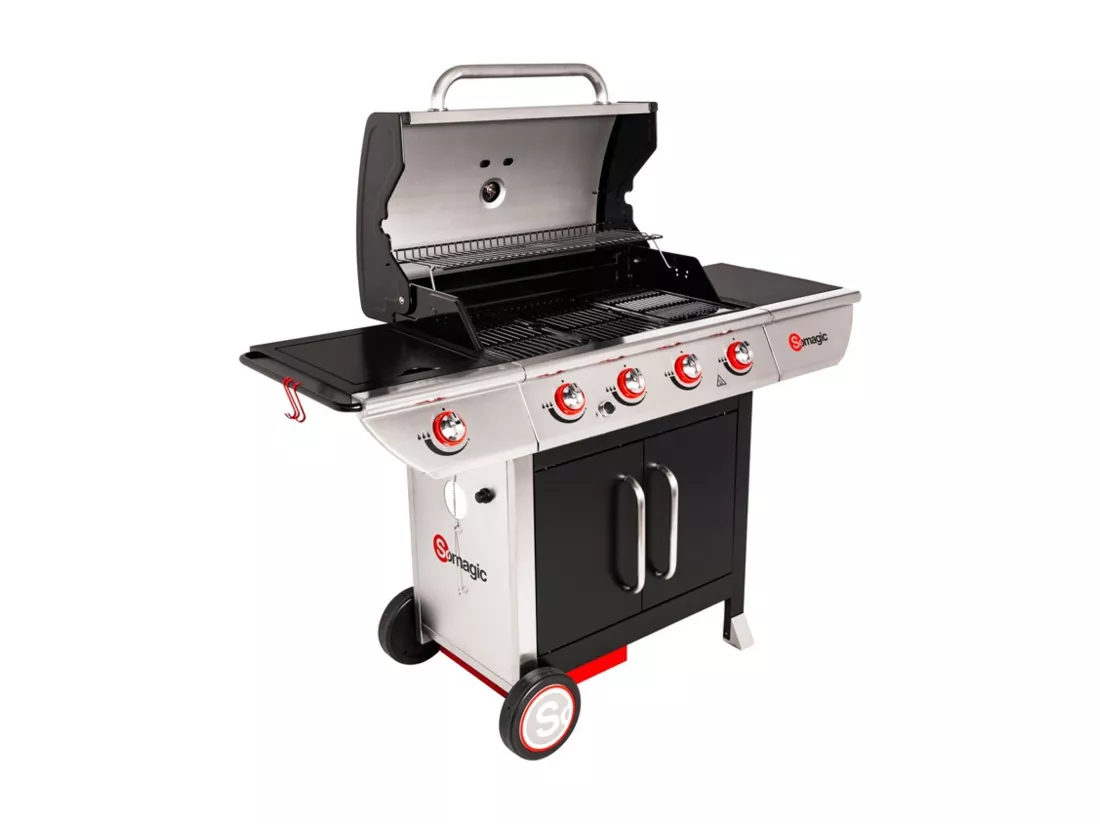 Barbecue à gaz avec chariot Manhattan 450GPI, 4 brûleurs, 1 réchaud latéral et plancha - Somagic