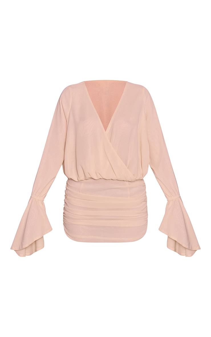 Crème Robe Courte En Mousseline À Col V Froncée