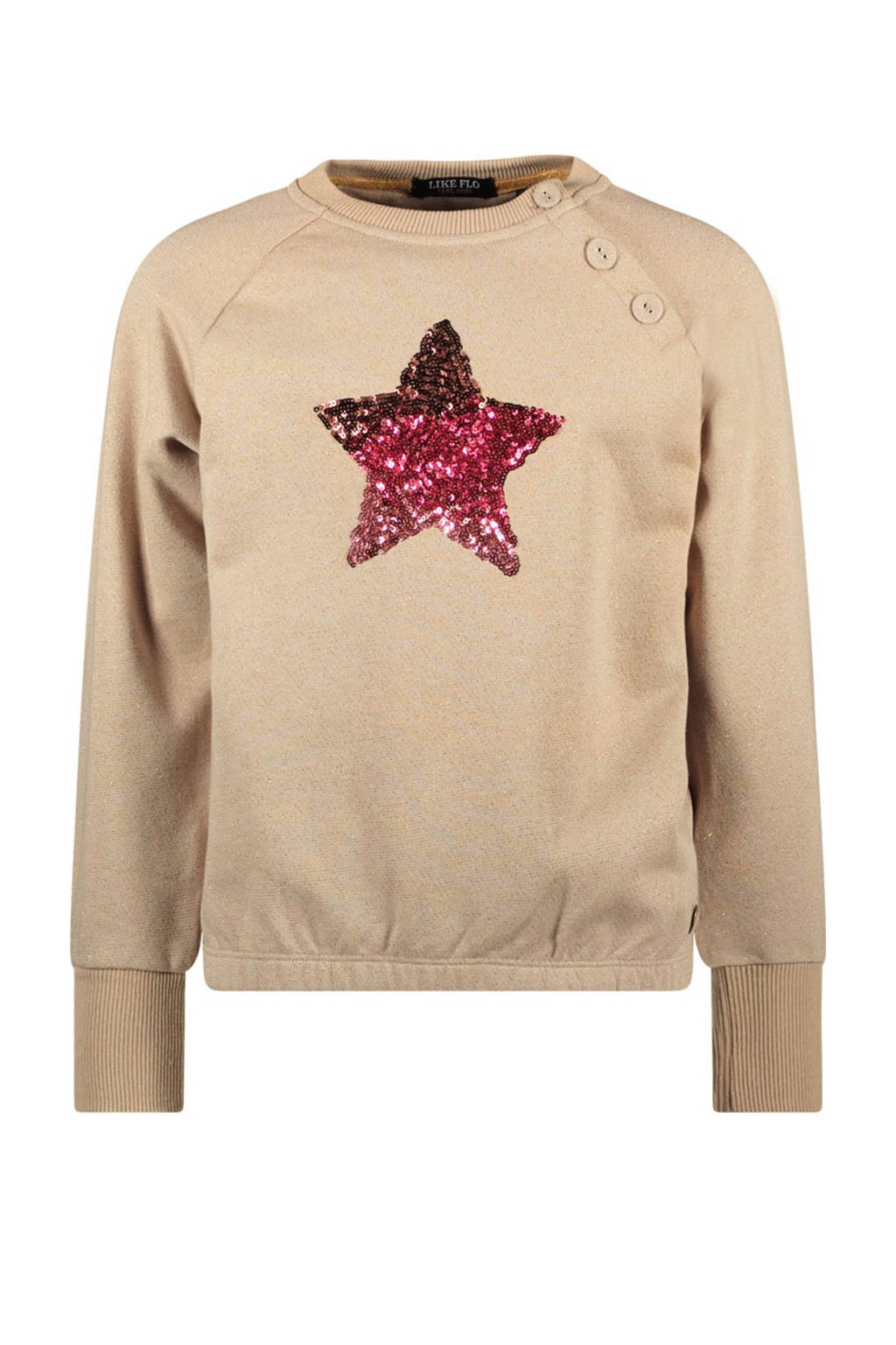 Like Flo sweater Davina met printopdruk en pailletten lichtbruin