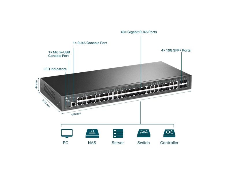 TP-Link SFP  Switch SG3452X 52 Port Omada 48-Port Gigabit L2  Managed Switch mit 4 10GE SFP  Steckplätzen