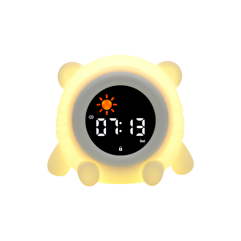 (13x11cm) 3in1 Silikon Wecker Kinder LED Nachtlicht mit Touch Funktion Schlaf Trainer Uhr mit Sonne / Mond - Bär