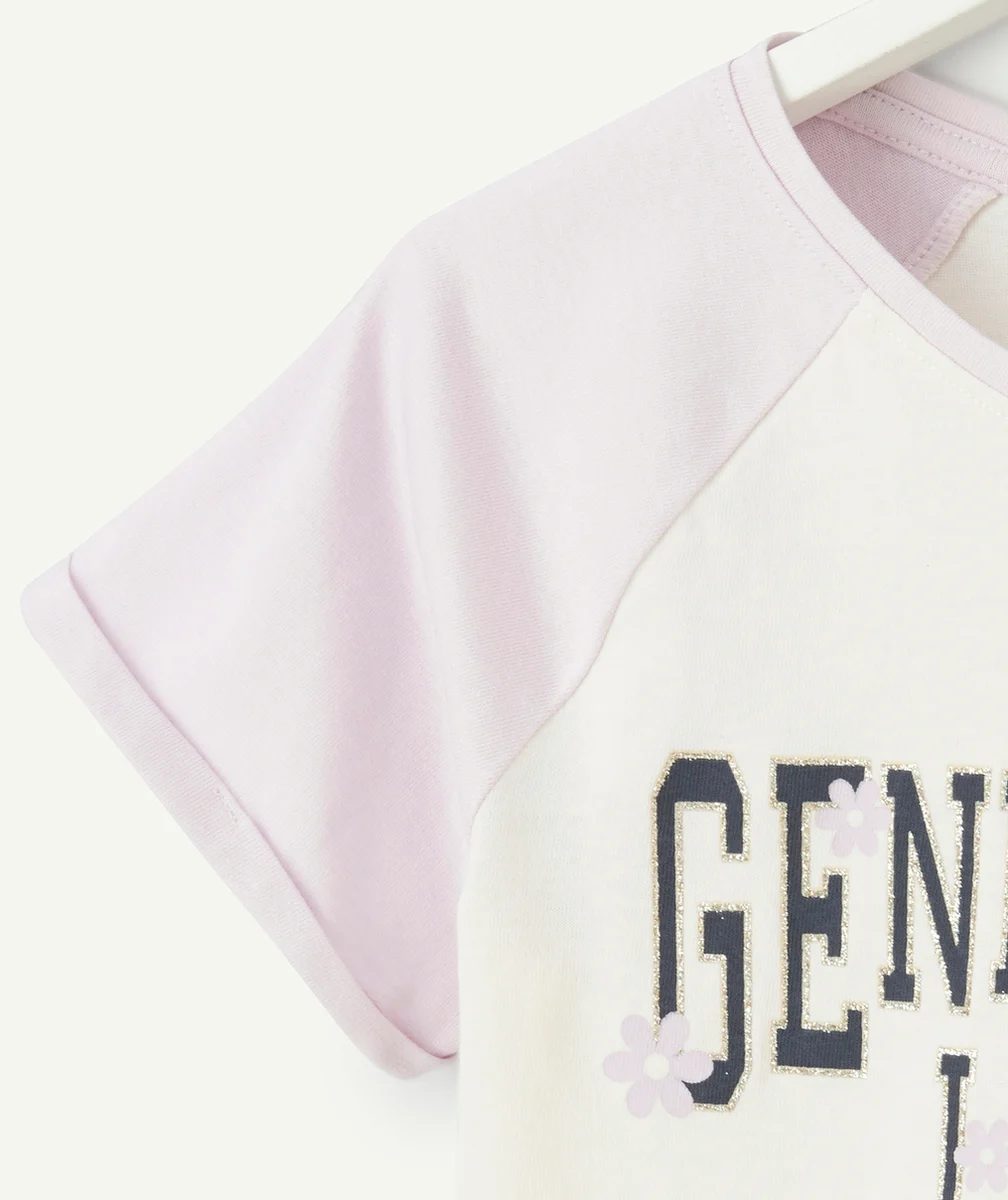 T-SHIRT FILLE EN COTON BIO MAUVE ET ÉCRU MESSAGE GENERATION LOVE