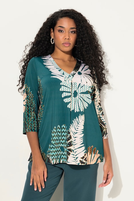 Slinkyshirt, Blüten, A-Linie, V-Ausschnitt, 3/4-Arm