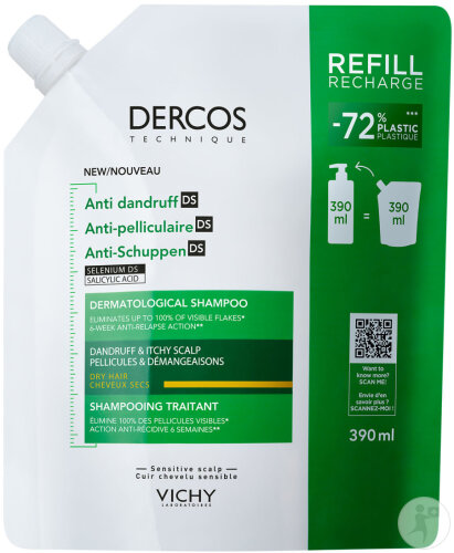 Vichy Dercos Shampoing Antipelliculaire DS Cheveux Secs Eco-Recharge 390ml