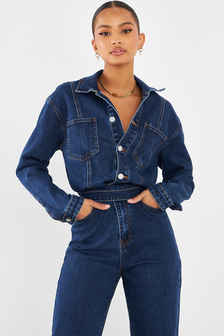 Combinaison pantalon en jean bleu foncé
