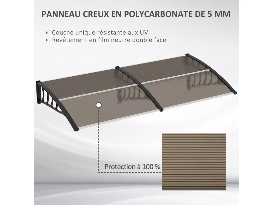 Auvent marquise de porte design voûté arrondi dim. 200L x 96l x 27H cm polycarbonate fumé brun PP noir