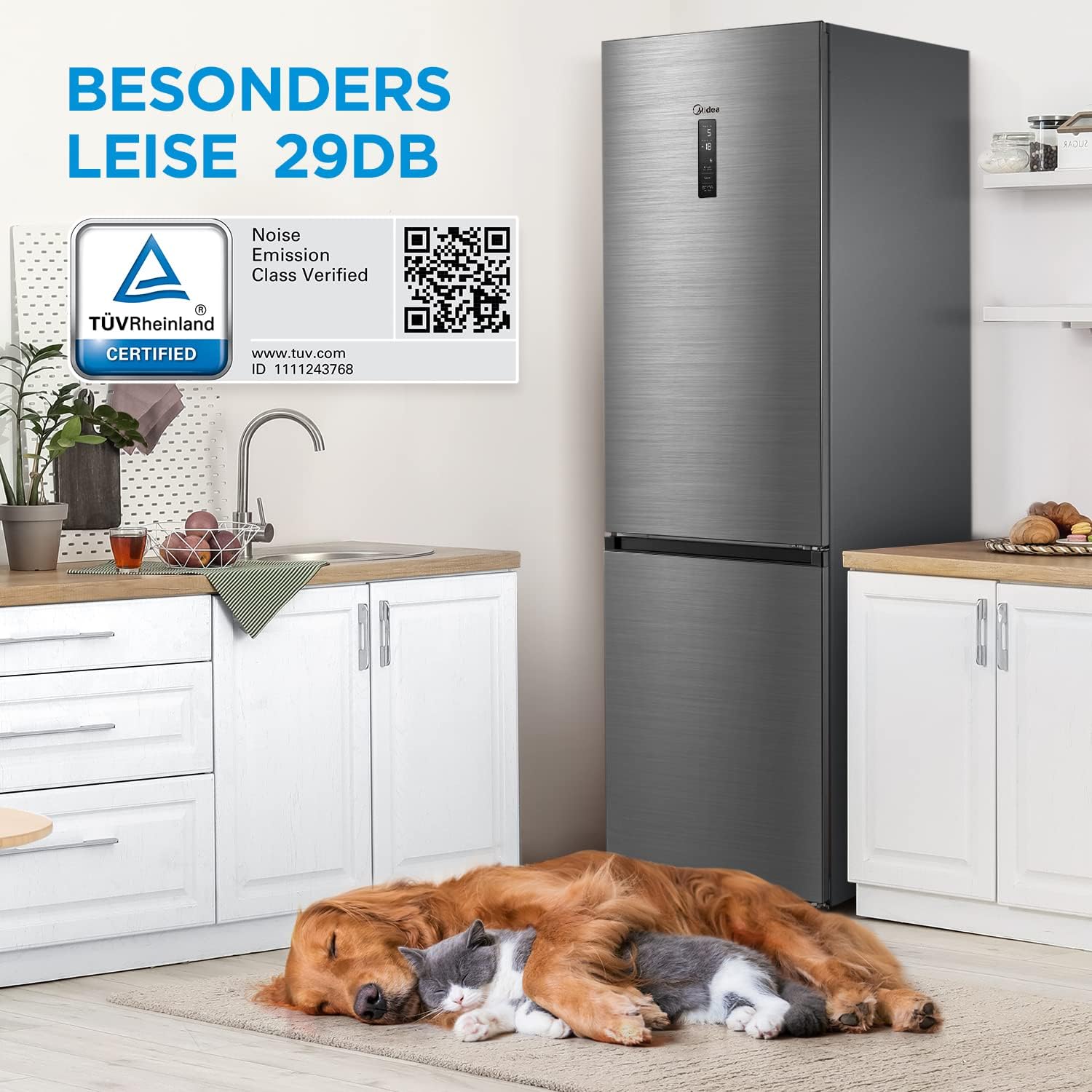 Midea MDRB521MGA46O Kühl-/Gefrierkombination/NoFrost/Besonders leise 29dB/Inverter Kompressor/Niedrigtemperaturzone/180° Verstellbare Gefrierfach-Schublade/201 cm hoch/256 L Kühlteil/122 L Gefrierteil