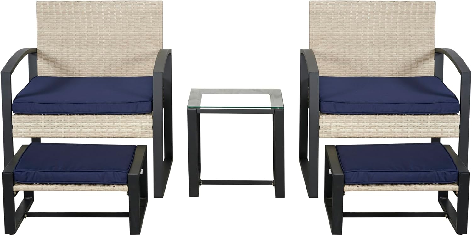 casa.pro Gartenmöbelset Calvello 5-TLG. Balkonmöbel Tisch mit 2 Stühlen und 2 Fußstützen Outdoor Sitzgarnitur Polsterkissen Lounge Möbel Rattan-Optik wetterfest