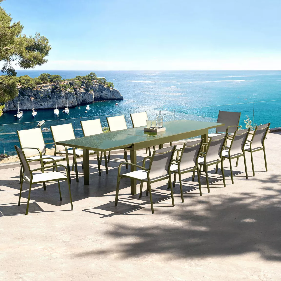 Table de jardin extensible en verre 12 places (200/320 x 100 cm) Murano Vert olive
