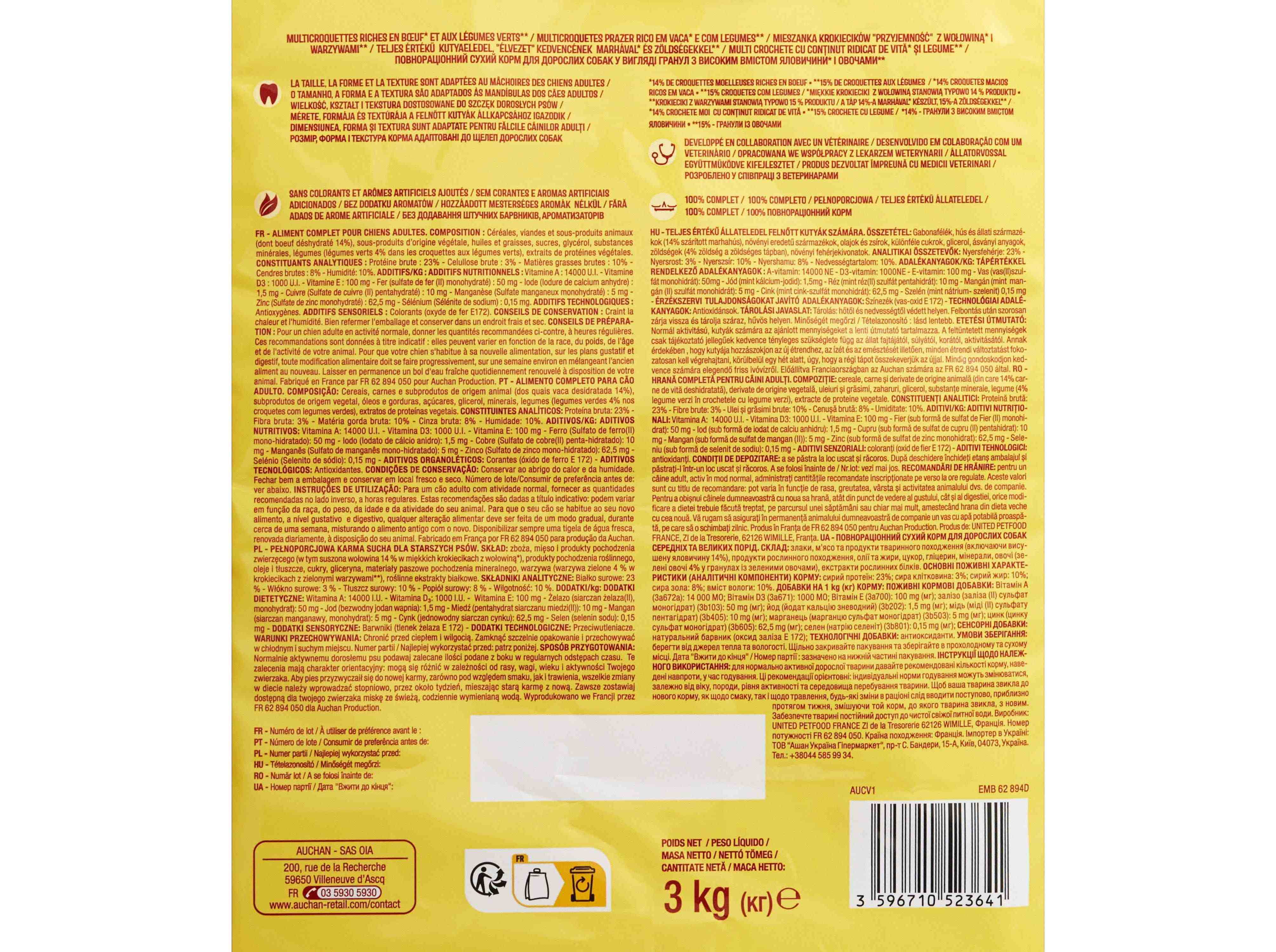 RAÇÃO PARA CÃO AUCHAN PRAZER RICO EM VACA E COM LEGUMES 3KG