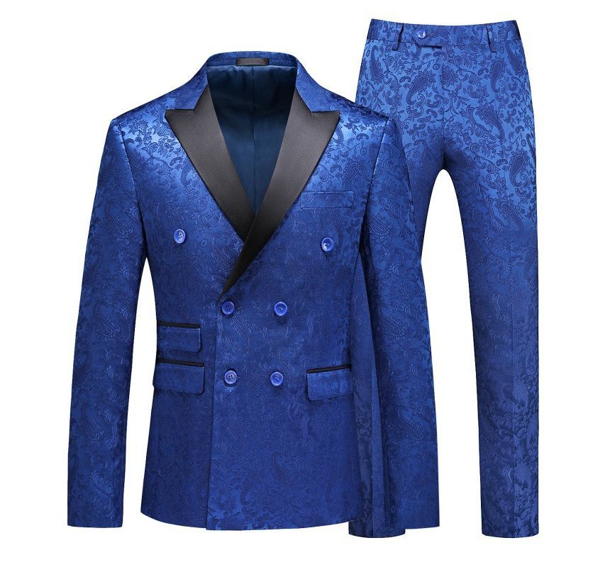 Sheck - Set: Peak Lapel Two Tone Paisley Double-Breasted Blazer + Mid Rise Straight Leg Dress Pants
