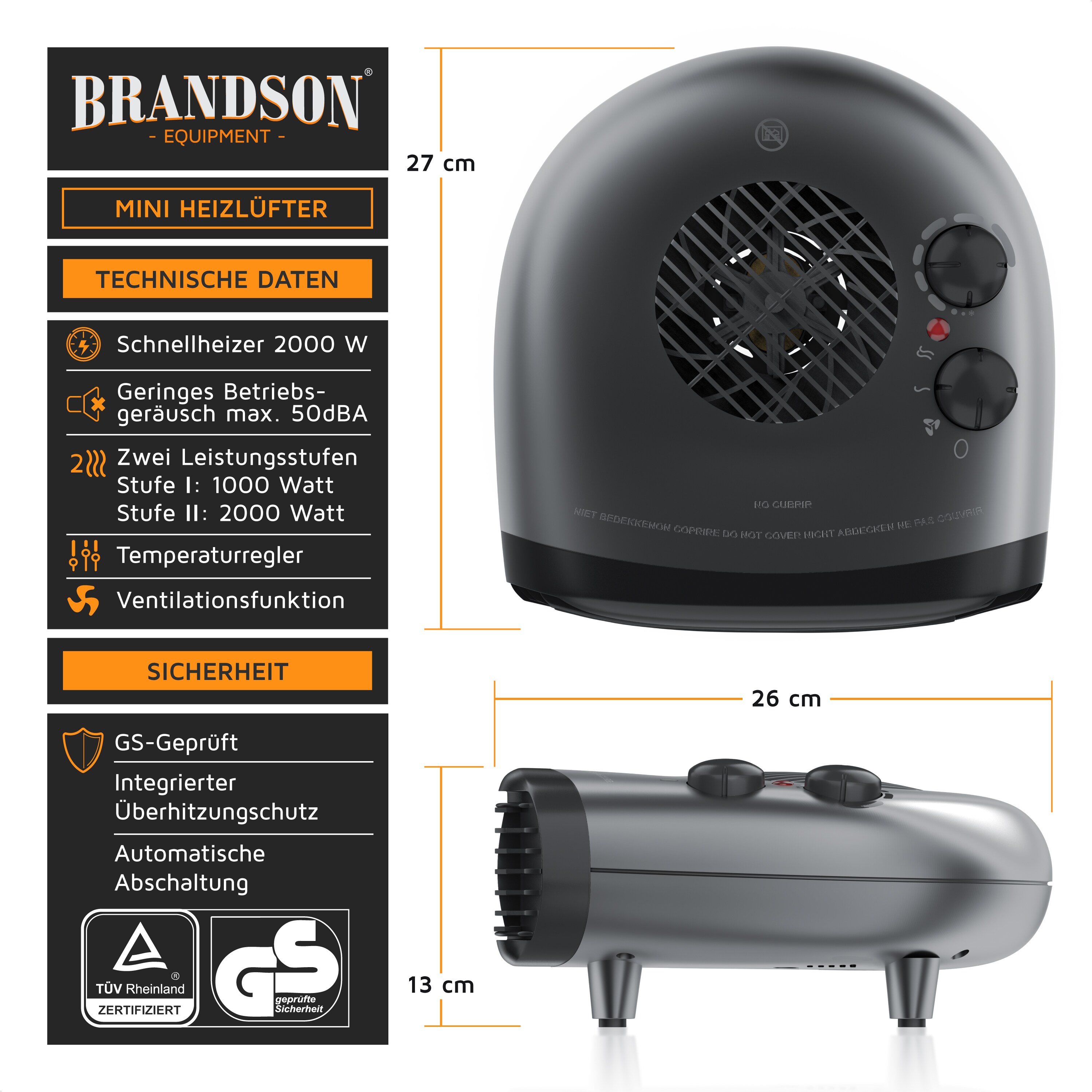 Brandson Heizlüfter 2000W, 2 Leistungsstufen, Thermostat, energiesparend, leise, Überhitzungsschutz, automatische Abschaltung, Grau