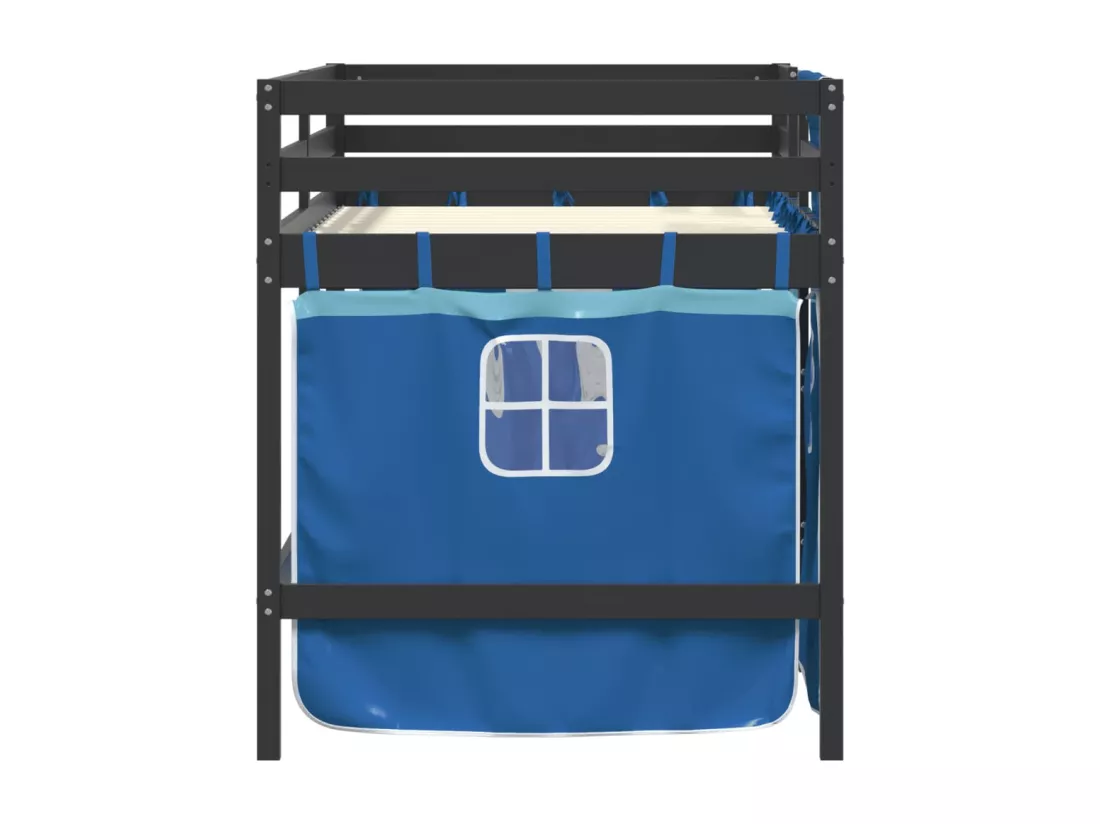 Lit mezzanine enfants et rideaux bleu 90x190cm bois pin massif