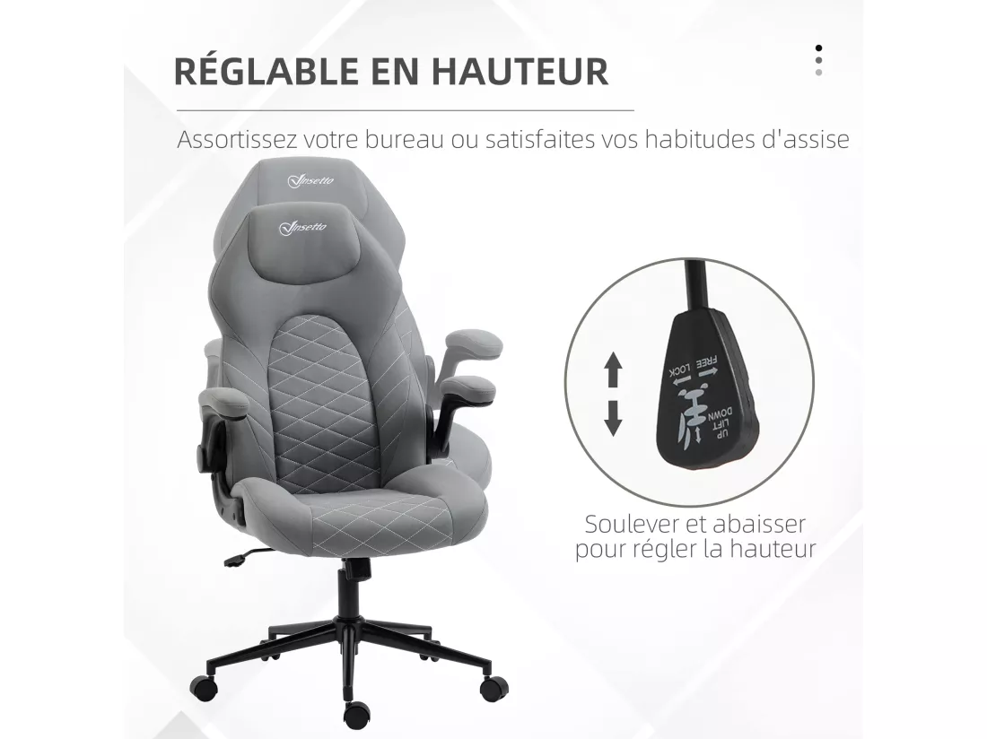 Fauteuil de bureau chaise de bureau ergonomique hauteur réglable pivotant 360° accoudoirs relevables tissu gris clair