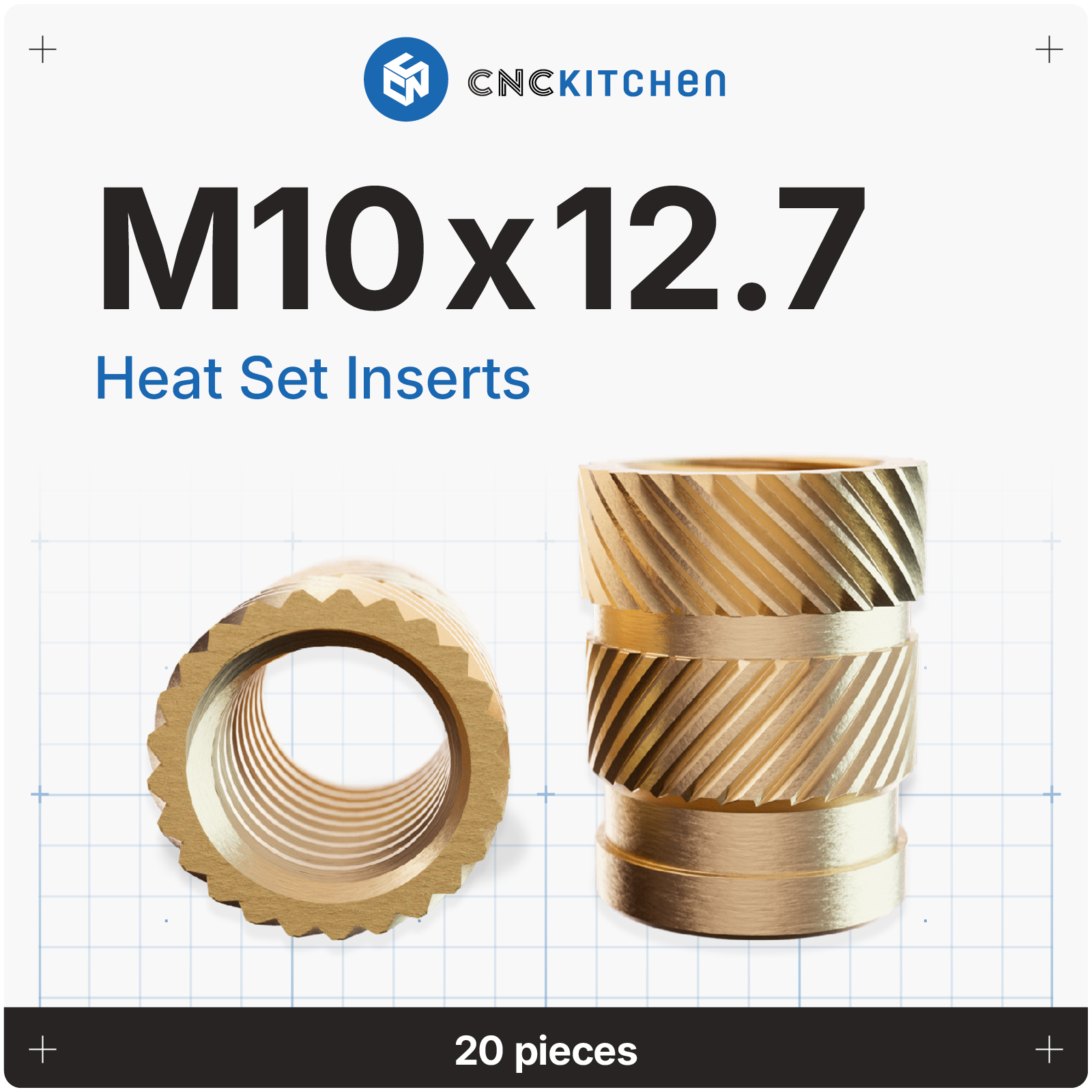 CNC Kitchen  Gewindeeinsatz M10 Standard, M10x12.7 (20 Stk)    Präzisionsgefräste Inserts aus Messinglegierung