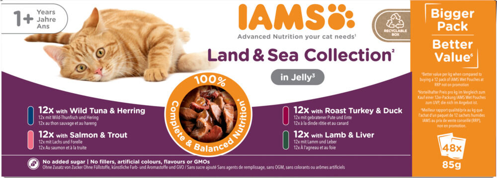IAMS Delights Adult Land & Sea in Gelei - Kattenvoer - 48x85 gram - 4080 Gram - vis, vlees