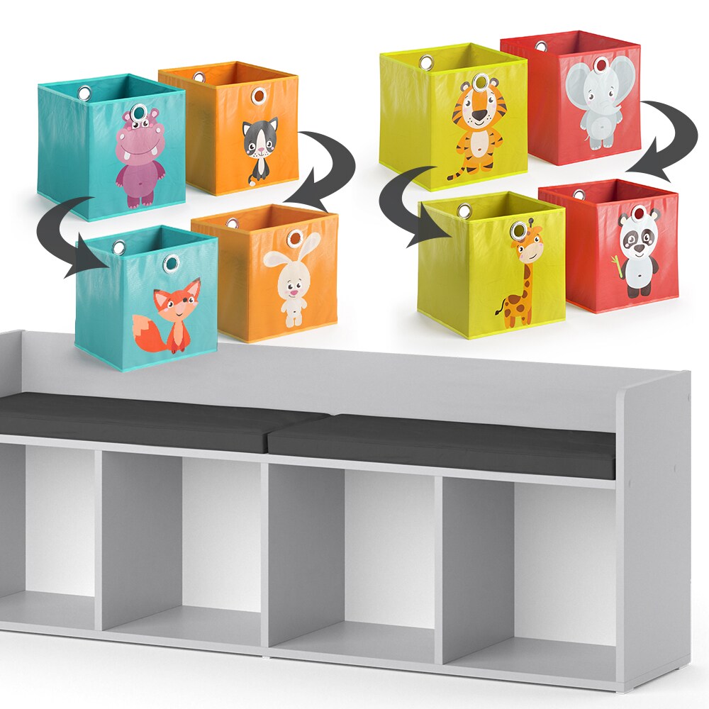 Vicco Sitzbank Kinderzimmerbank Kinderregal Luigi Hellgrau 142x53 cm modern Faltbox Kinderzimmer Regal Aufbewahrungsregal Bücherregal Lesebank Spielzeugaufbewahrung Organizer Regal-Bank-Kombi 4 Fächer