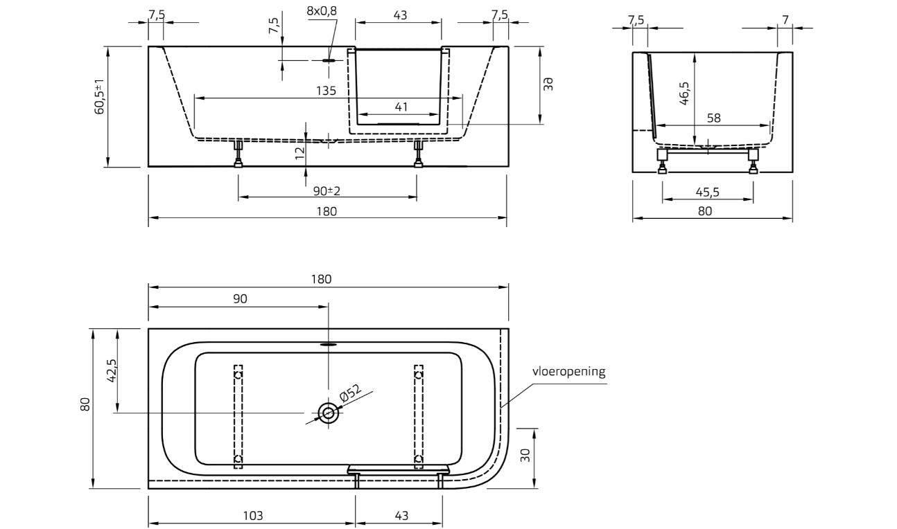 Xenz GO! inloop douchebad acryl 180x80x60cm links wit glans met sleuf overloop