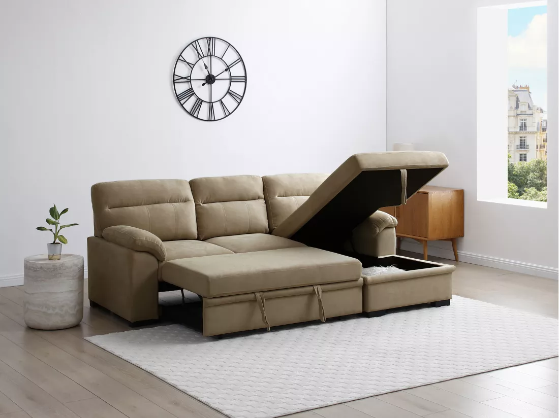 Canapé d'angle droit convertible en tissu beige ULENIO