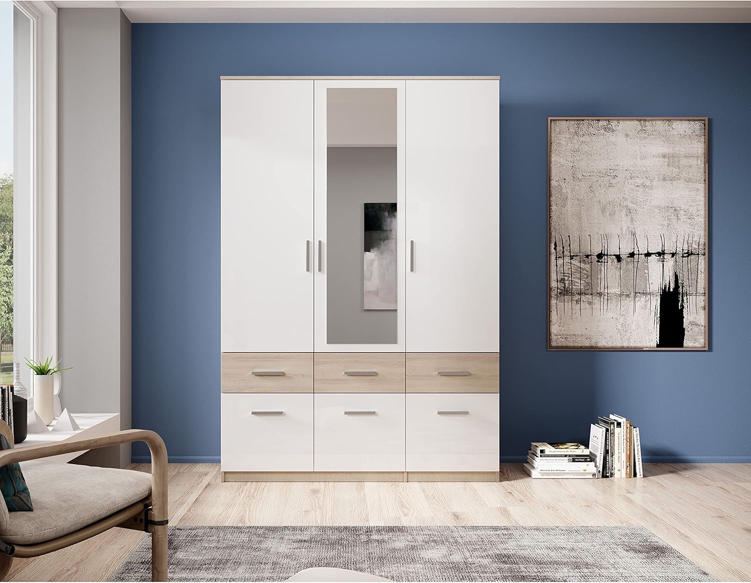 Stella Trading BOX Eleganter Kleiderschrank mit Spiegel & Schubladen - Geräumiger Drehtürenschrank in Sonoma Eiche Optik, Weiß - 135 x 198 x 55 cm (B/H/T)