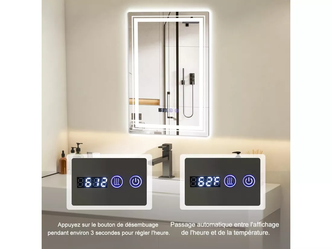 Miroir de Salle de Bain à LED 70 x 50 CM, Miroir Mural Lumineux avec 3 Couleurs & Luminosité Réglable, Miroir Mural Rectangulaire avec Fonction Anti-Buée et Interrupteur Tactile