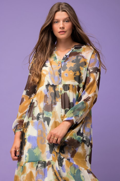 Maxikleid, A-Line, doppellagig, Batik Print, Langarm