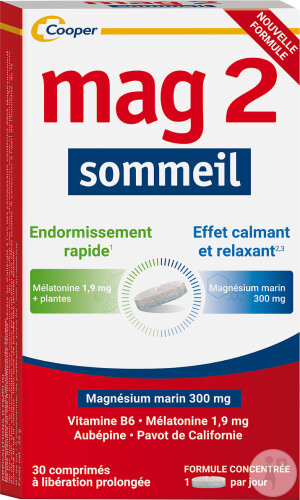 Mag2 Sommeil à base de Magnésium Marin et Mélatonine Endormissement Rapide 30 Comprimés