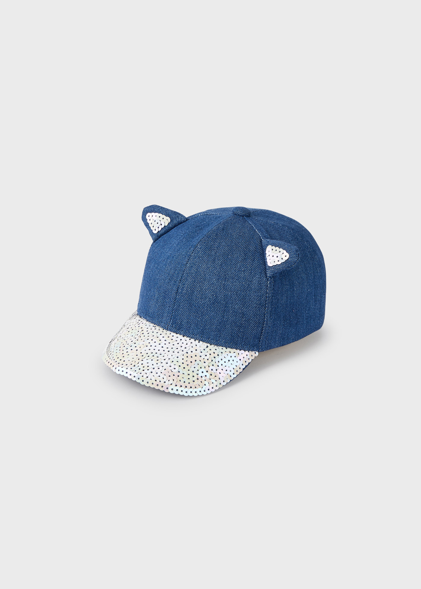 Boné jeans com aplique de orelha e lantejoulas para meninas