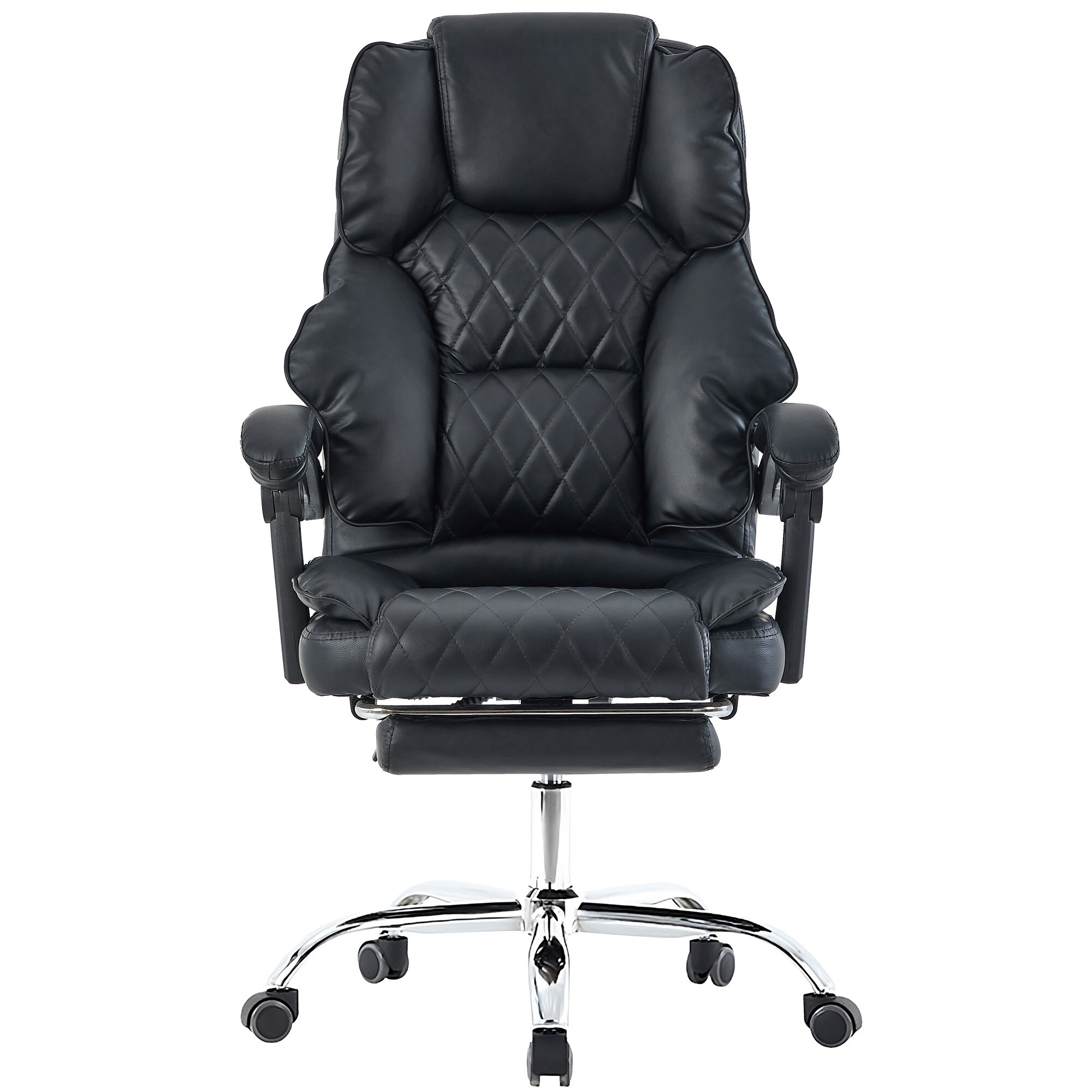 Bürostuhl mit Fußstütze und flexiblen 3-Punkt-Armlehnen - Schreibtischstuhl in Lederoptik mit Chrom-Base - ergonomischer Bürostuhl mit verstellbarer Rückenlehne