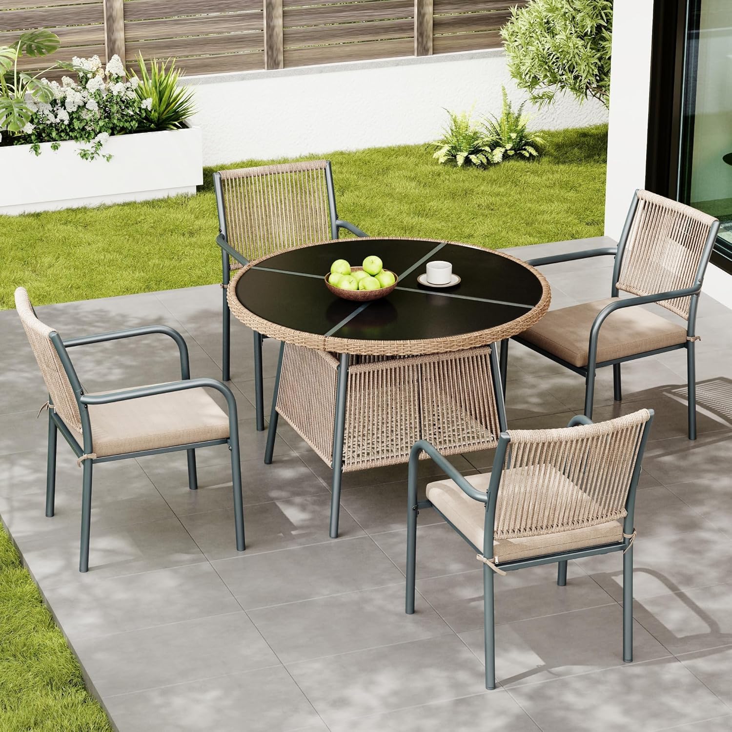 Merax Gartenmöbel Set Rattan 5-teilig, mit runder Glastisch und 4 Armlehnstühlen, Eisengestell, geflochtene Rückenlehnen, inklusive Sitzkissen, Outdoor Essgruppe für Terrasse Balkon Deck, grau