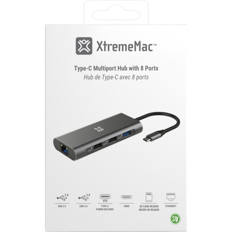 XtremeMac XWH-HUB8-13 hub & concentrateur USB Type-C 40000 Mbit/s Gris