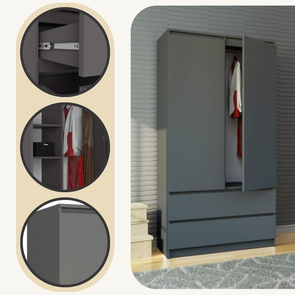 AKORD Zweitüriger Kleiderschrank S 90 cm 2 Schubladen mit Regalen und Einer Kleiderstange für EIN Schlafzimmer Kleiderschränke Minimalistischer Stil Schichtstoffplatte 16 mm | Graphitgrau