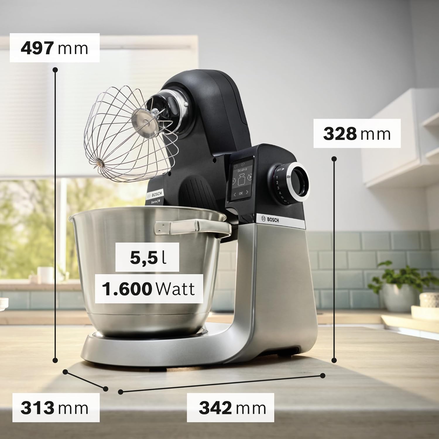 Bosch Küchenmaschine Serie 6, 2 Schüsseln 5,5 l (Edelstahl, Kunststoff), integr Waage, 7 Automatikprogramme, 7 Stufen, Planetenrührwerk, Knethaken/Rühr-/Silikonbesen spülmaschinenfest, MUMS6ZS18