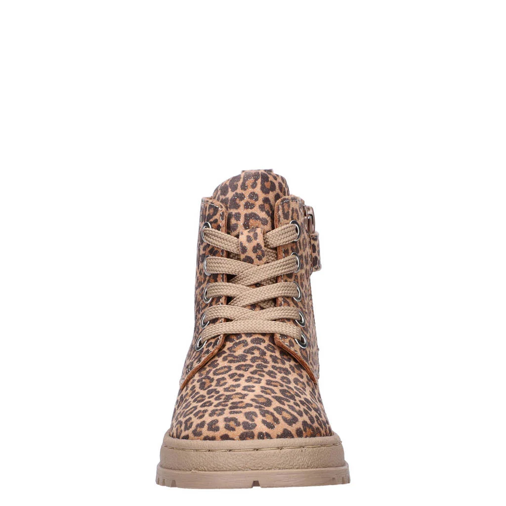 Nelson Kids nubuck veterboots met panterprint brons cognac/zwart