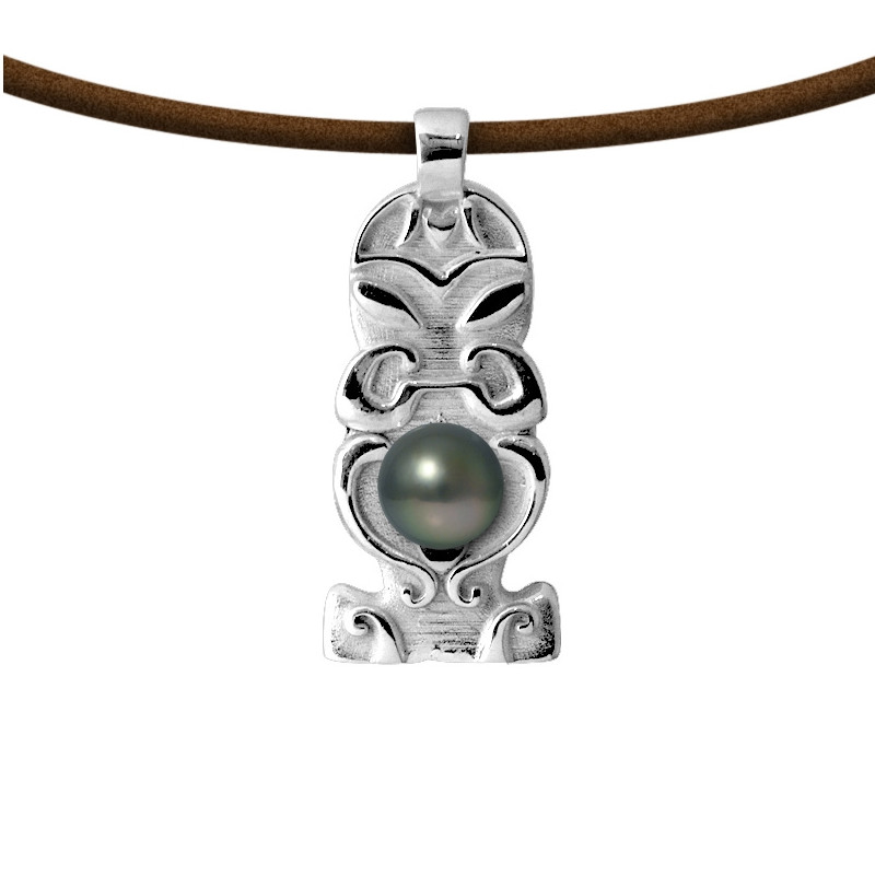 Collier Homme Totem Tribal en Cuir, Perle de Tahiti et Argent Massif 925